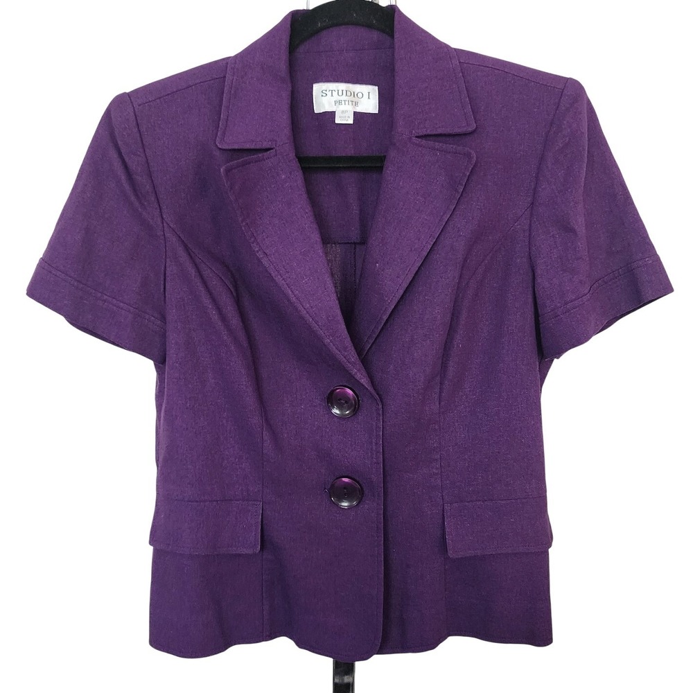 Studio I Petite Purple Linen Blend Short Sleeve Blazer Size 8P Y2K Old Money